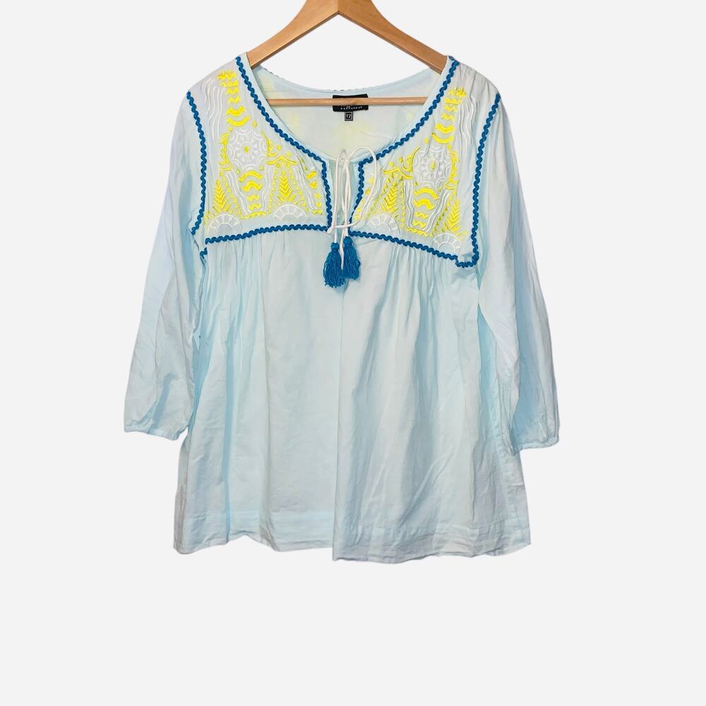 Fragonard Baby Blue Balloon Sleeve 100% Cotton Yellow Embroidered Blouse Top